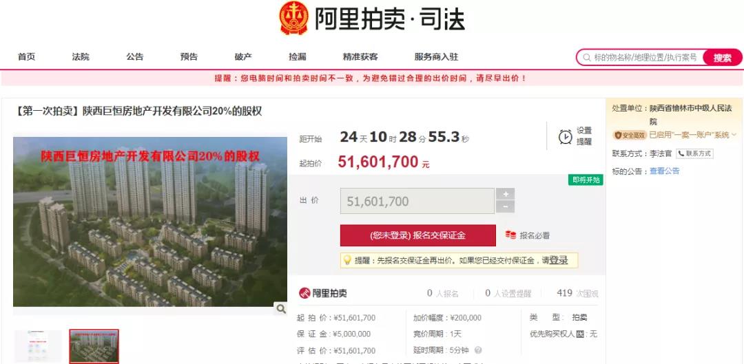 榆林中院拍卖陕西一房地产公司20%的股权，5160万元起拍！